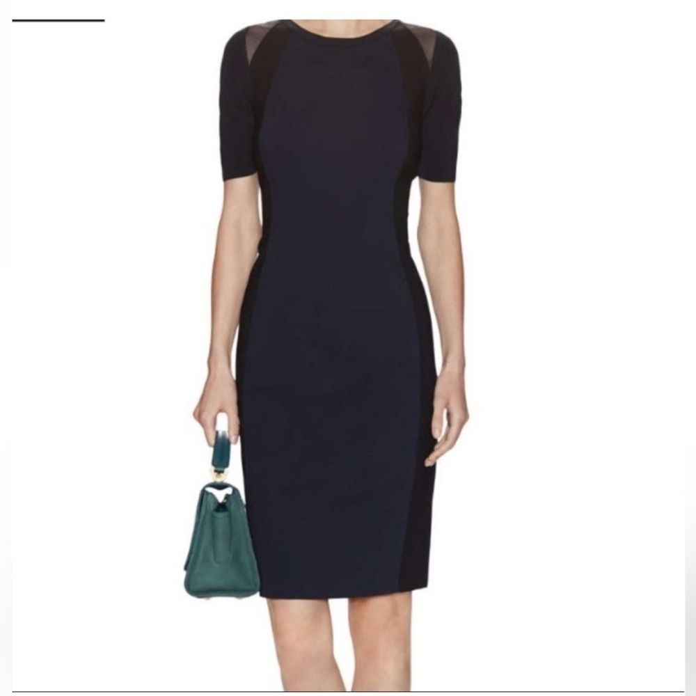 Elie Tahari Colorblock Illusion Jersey Mesh Shift Dress in Navy & Black. Size 14